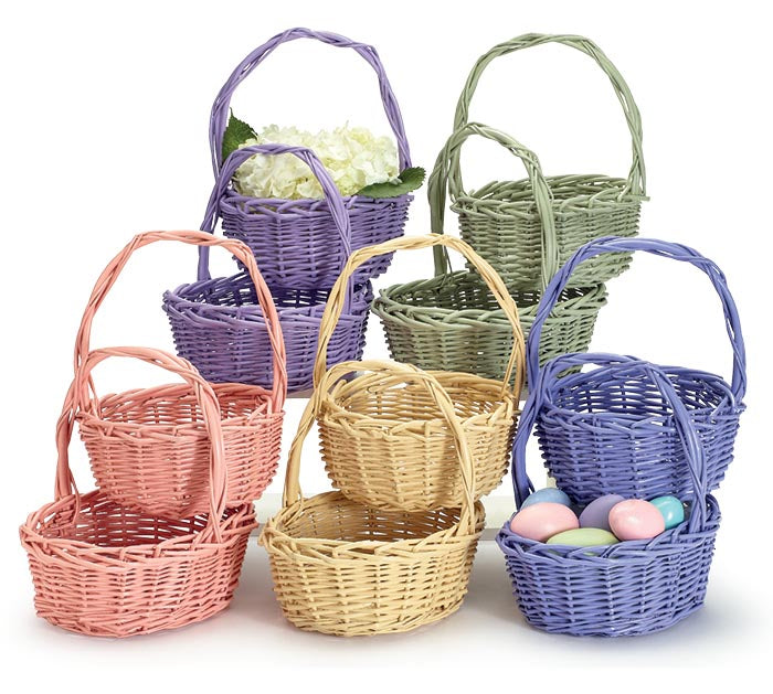 Spring Color Willow Basket Purple with overhead handle in various pastel colors and sizes, perfect for Easter or decor.