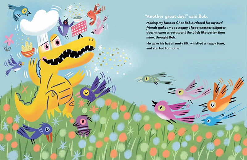 Colorful illustration from Pizza For Birds showing a happy alligator surrounded by cheerful birds in a grassy field.