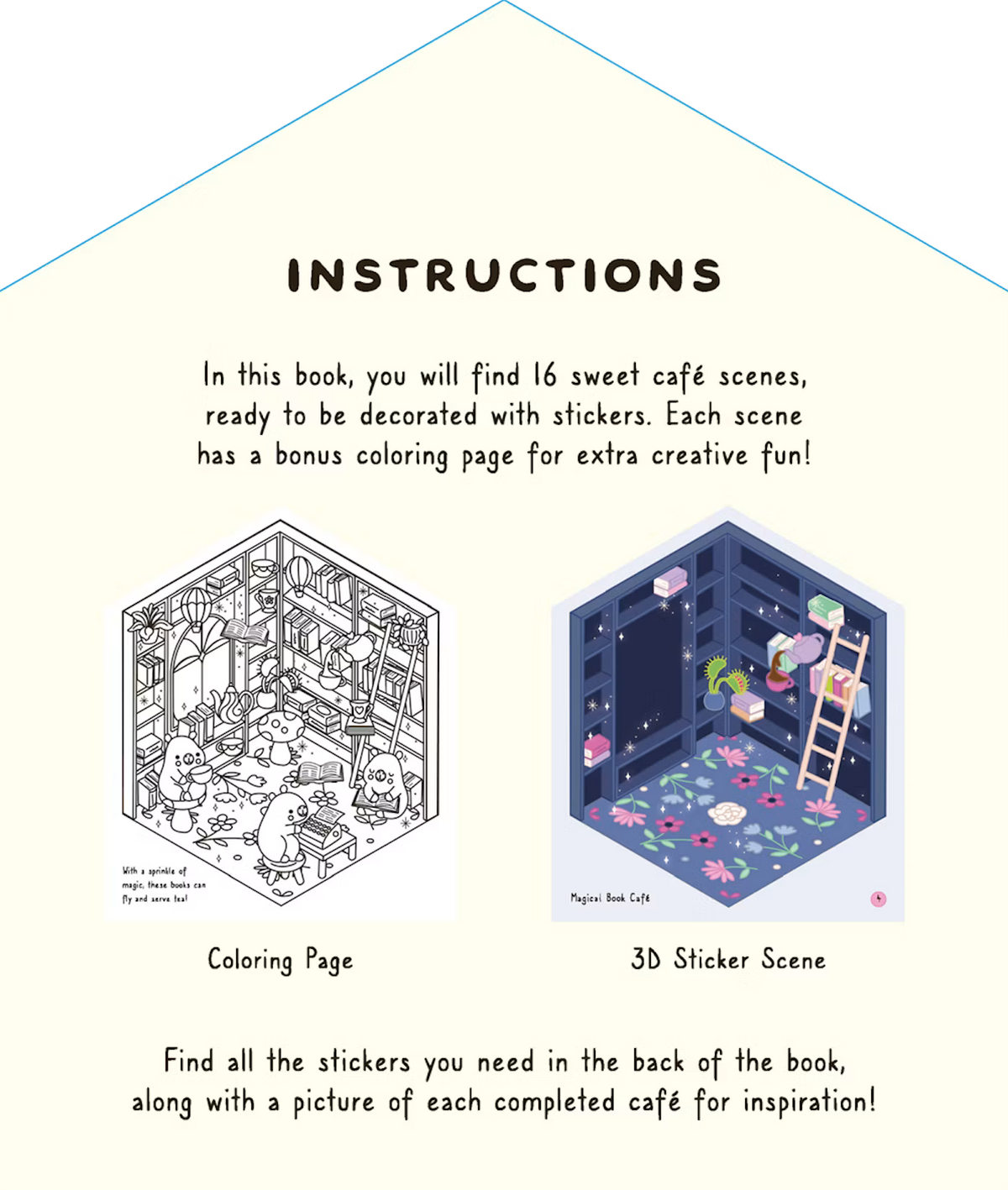 Super Sweet Sticker Scenes: Cozy Cafes instructions page with a cafe sticker scene and coloring page