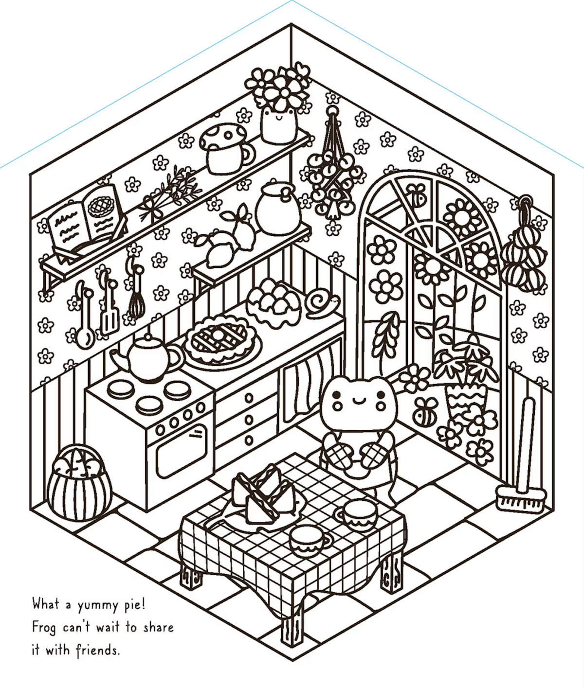 Super Sweet Sticker Scenes: Cozy Cottages cozy cottage interior sticker scene with a cat and friends sharing pie