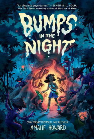 Cover of middle grade horror book showing a girl standing bravely surrounded by shadowy creatures by a glowing tree at night