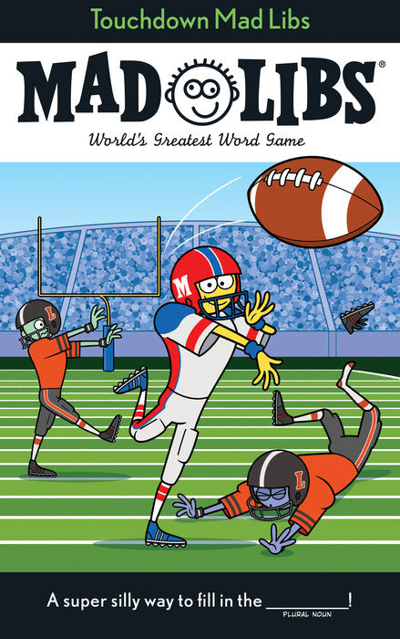 Cartoon football players in red and orange uniforms playing on green field with stadium crowd in background