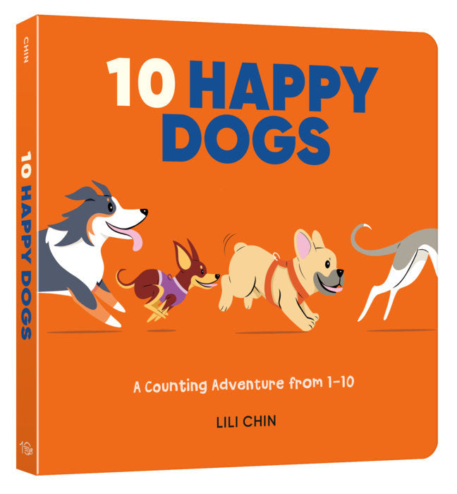 Ten Happy Dogs counting book cover with colorful illustrated dogs running across an orange background