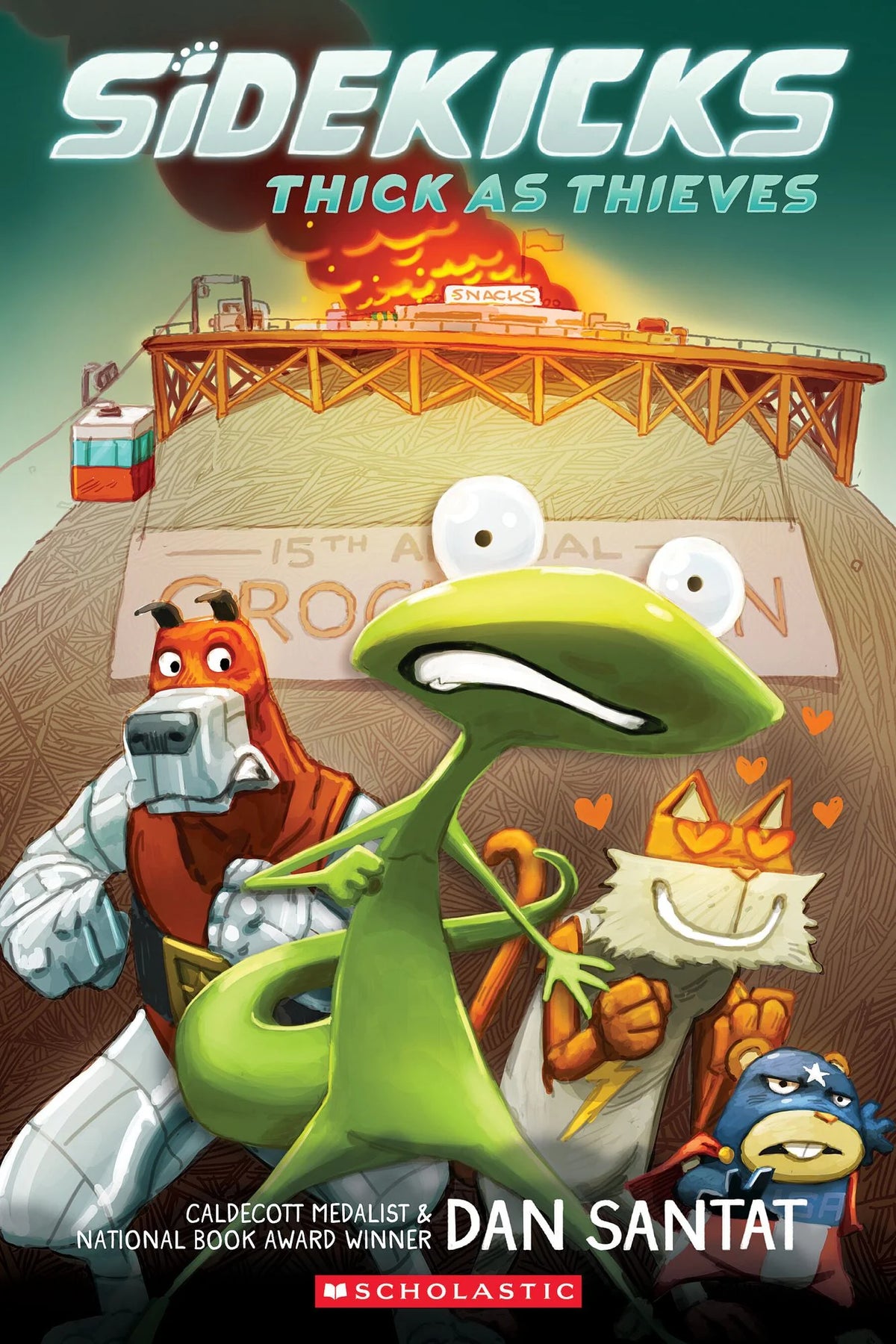 Sidekicks: Thick as Thieves #2 colorful children's book cover featuring animal superheroes and a bridge adventure