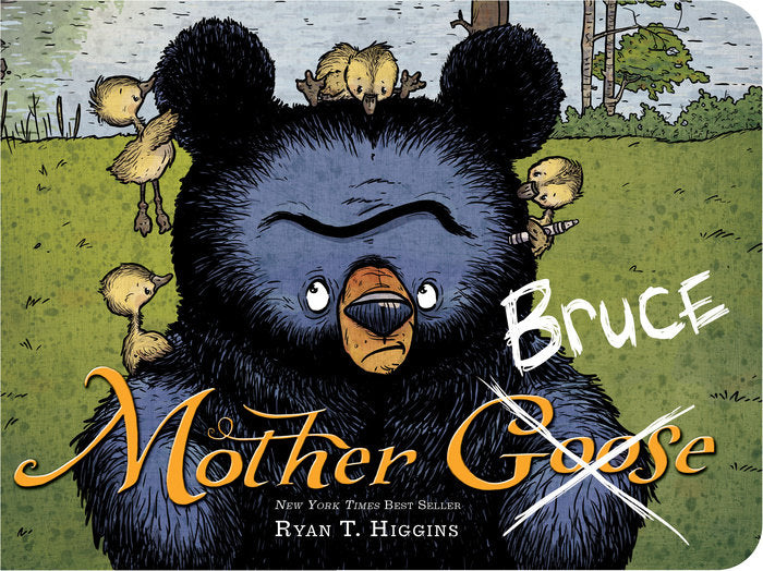 Illustration of Bruce the bear with goslings on and around him from the board book Mother Bruce by Ryan T. Higgins.