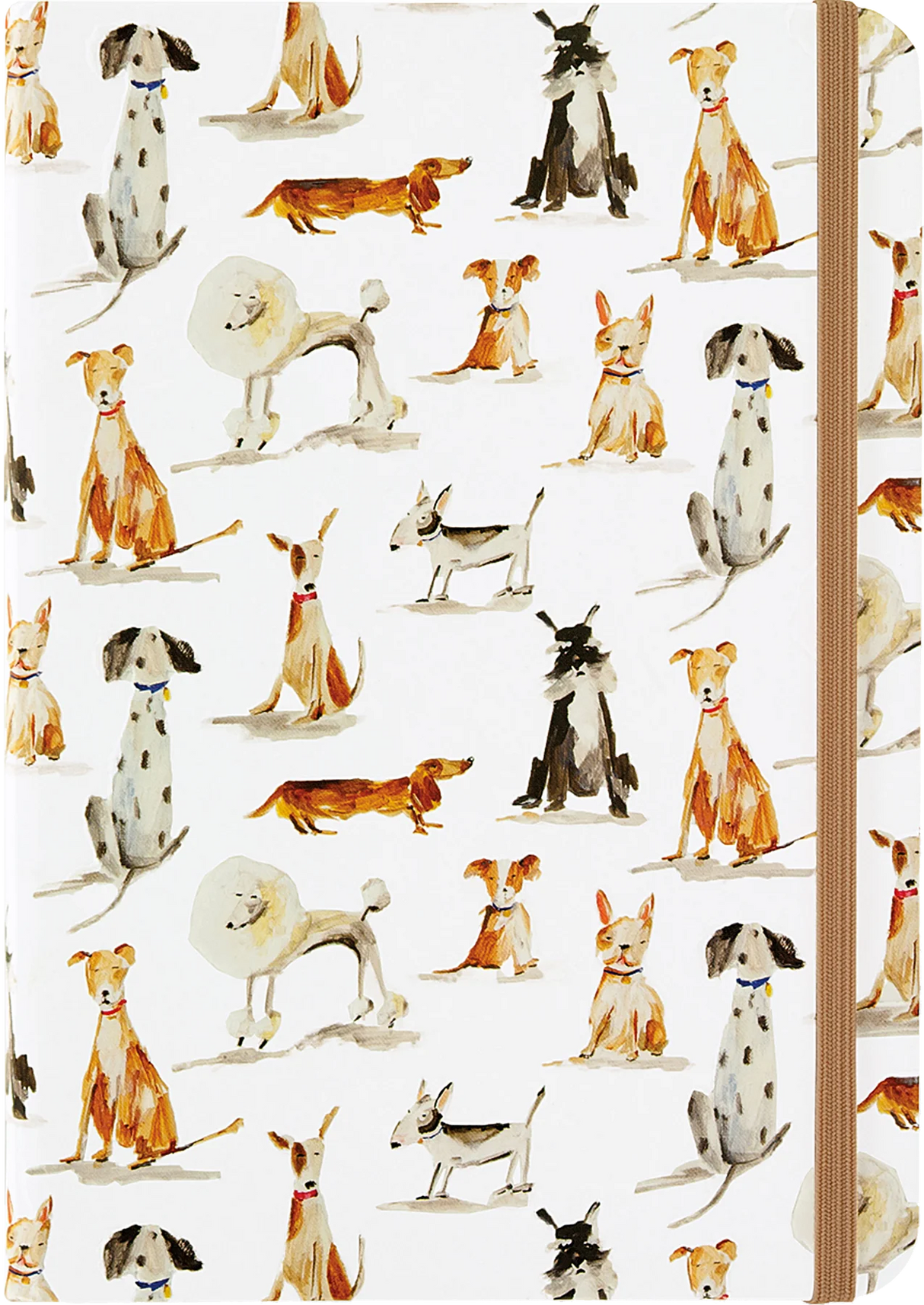 Dog Days Journal features whimsical dog illustrations with a durable hardcover and elastic enclosure for secure storage.