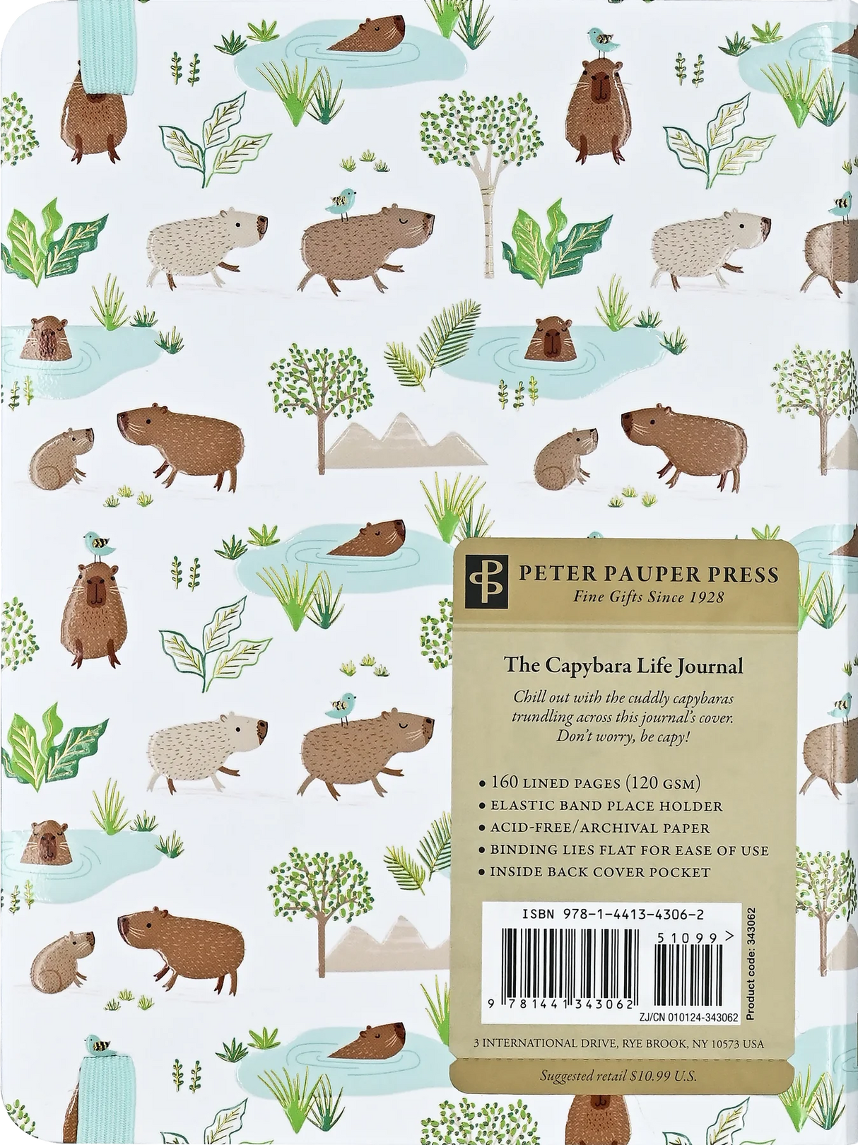 Capybara Life Journal with playful capybara illustrations and details on back cover including features and barcode.