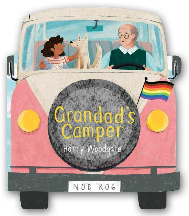 Front cover of the board book Grandad's Camper showing a girl, her grandad, and a dog in a camper van.