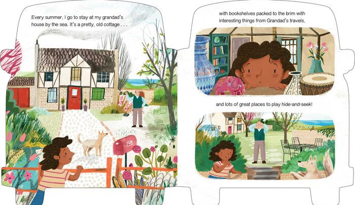 Grandad's Camper board book page showing granddaughter visiting grandad's cozy countryside home with garden and pets.