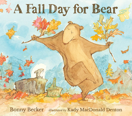 Bear joyfully holds colorful fall leaves with Mouse nearby on a stump surrounded by autumn foliage.