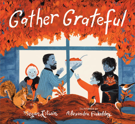 Illustrated cover showing a family inside a cozy home surrounded by fall leaves and woodland animals outside.