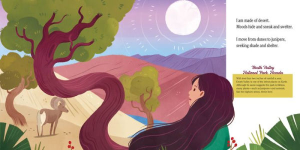 Illustration from "I Am Made of Mountains" showing a child with long hair in Death Valley’s desert landscape under a full moon.