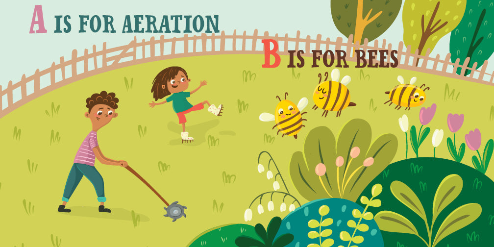 G Is For Gardening features kids exploring a garden with bees and aeration, teaching young children gardening basics.