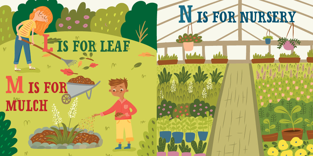 G Is For Gardening shows children gardening with leaves, mulch, and a nursery in a colorful illustrated garden scene.
