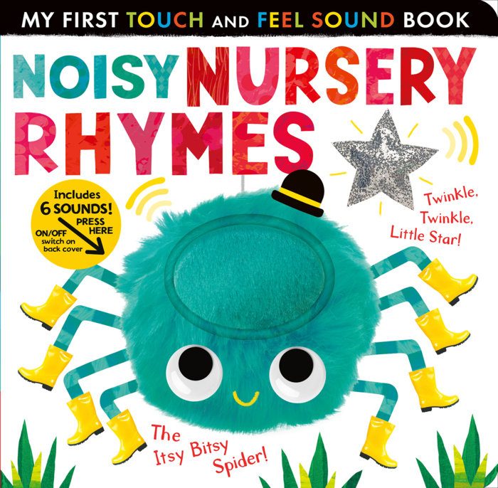 Noisy Nursery Rhymes Sound Book cover with colorful nursery rhyme artwork and a fuzzy teal character