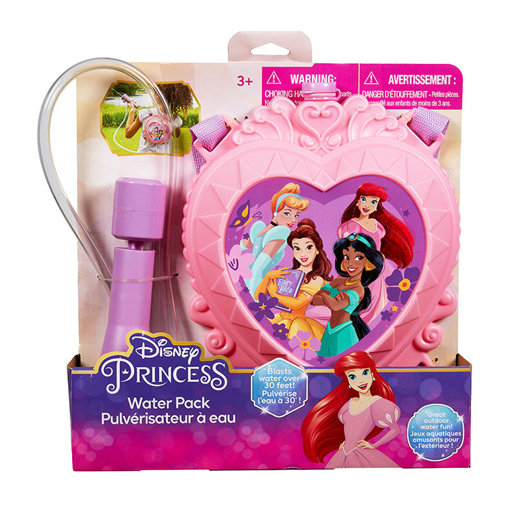 Water Backpack featuring Disney Princesses, pink heart-shaped tank with adjustable straps and water blaster up to 30 feet.
