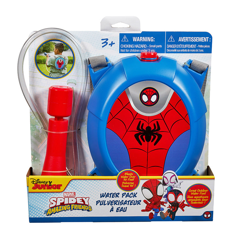 Water Backpack featuring Marvel Spidey design, holds 30 fl oz, adjustable straps, blasts water up to 30 feet for kids 3+ years.