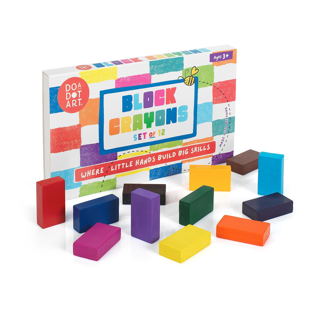 Colorful rectangular art blocks arranged in front of a Do A Dot Art Block Crayons box