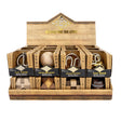 Display of assorted wooden and metal mini puzzles in a rustic wooden True Genius packaging box