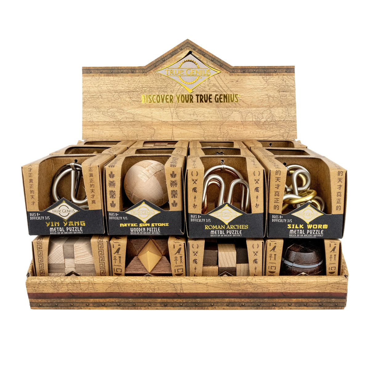 Display of assorted wooden and metal mini puzzles in a rustic wooden True Genius packaging box