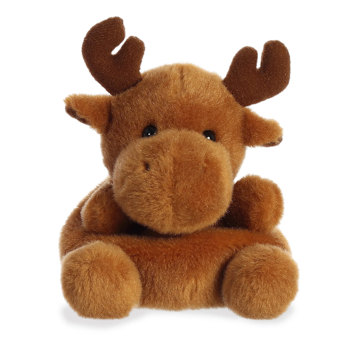 Palm Pals Moose Cinnamon plush toy, 5 inches tall, soft brown moose with friendly face and large antlers.