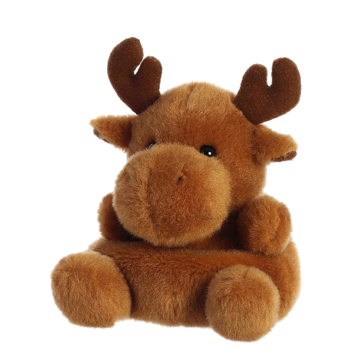 Palm Pals Moose Cinnamon plush toy, soft brown 5-inch stuffed animal with tall antlers, perfect for hiking trails.