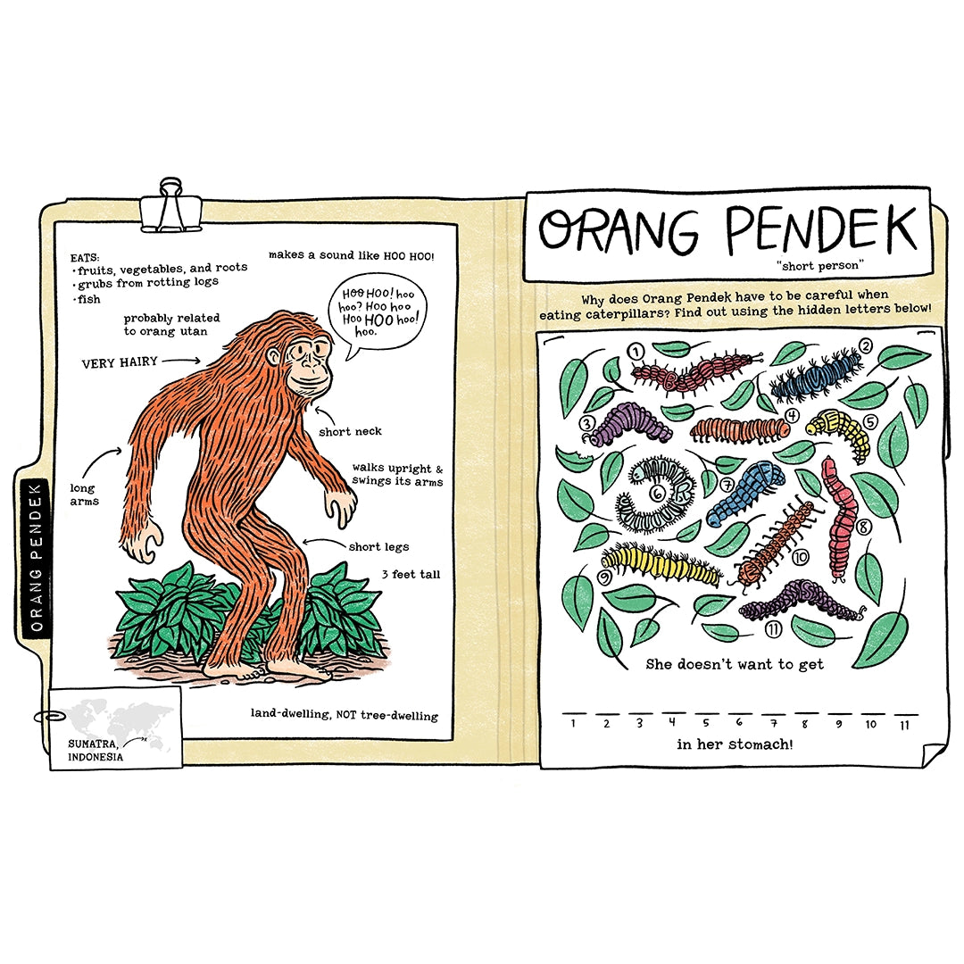Illustrated Orang Pendek cryptid with facts and activity page featuring caterpillars and hidden letters for kids.