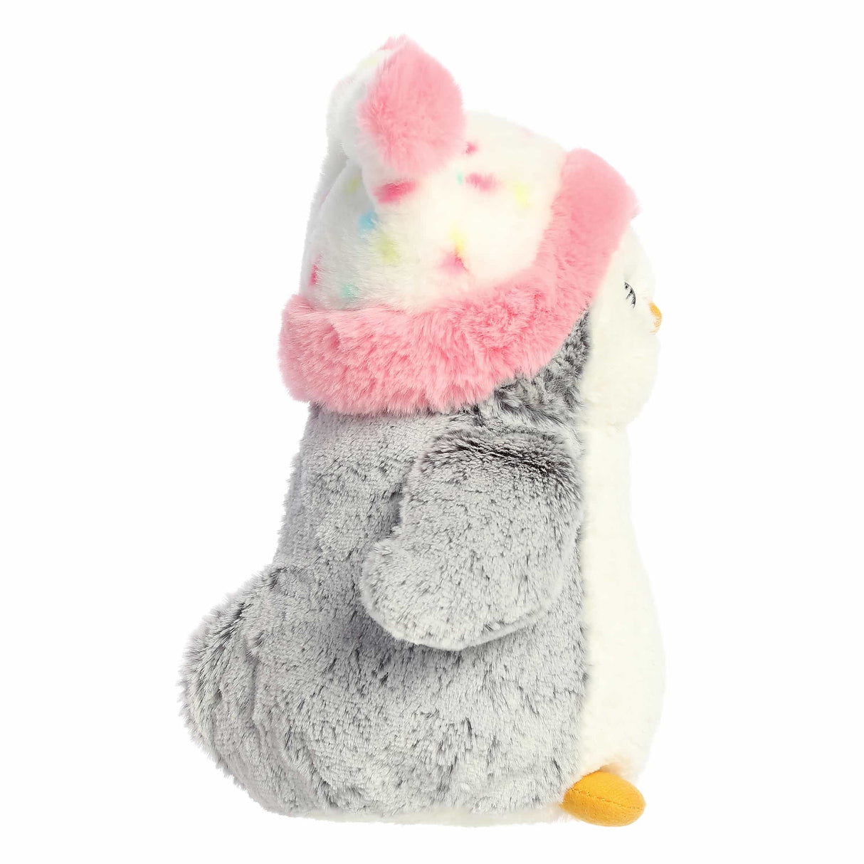 Soft plush penguin wearing a festive multicolored confetti hat with pink trim, perfect for winter celebrations.