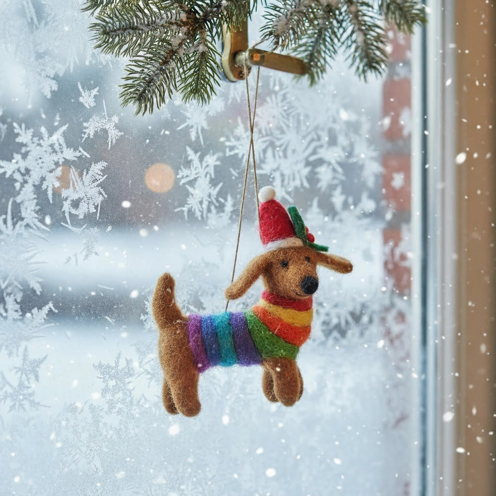 Needle felted dachshund ornament wearing a festive rainbow sweater and Santa hat hanging on a branch by a frosty window