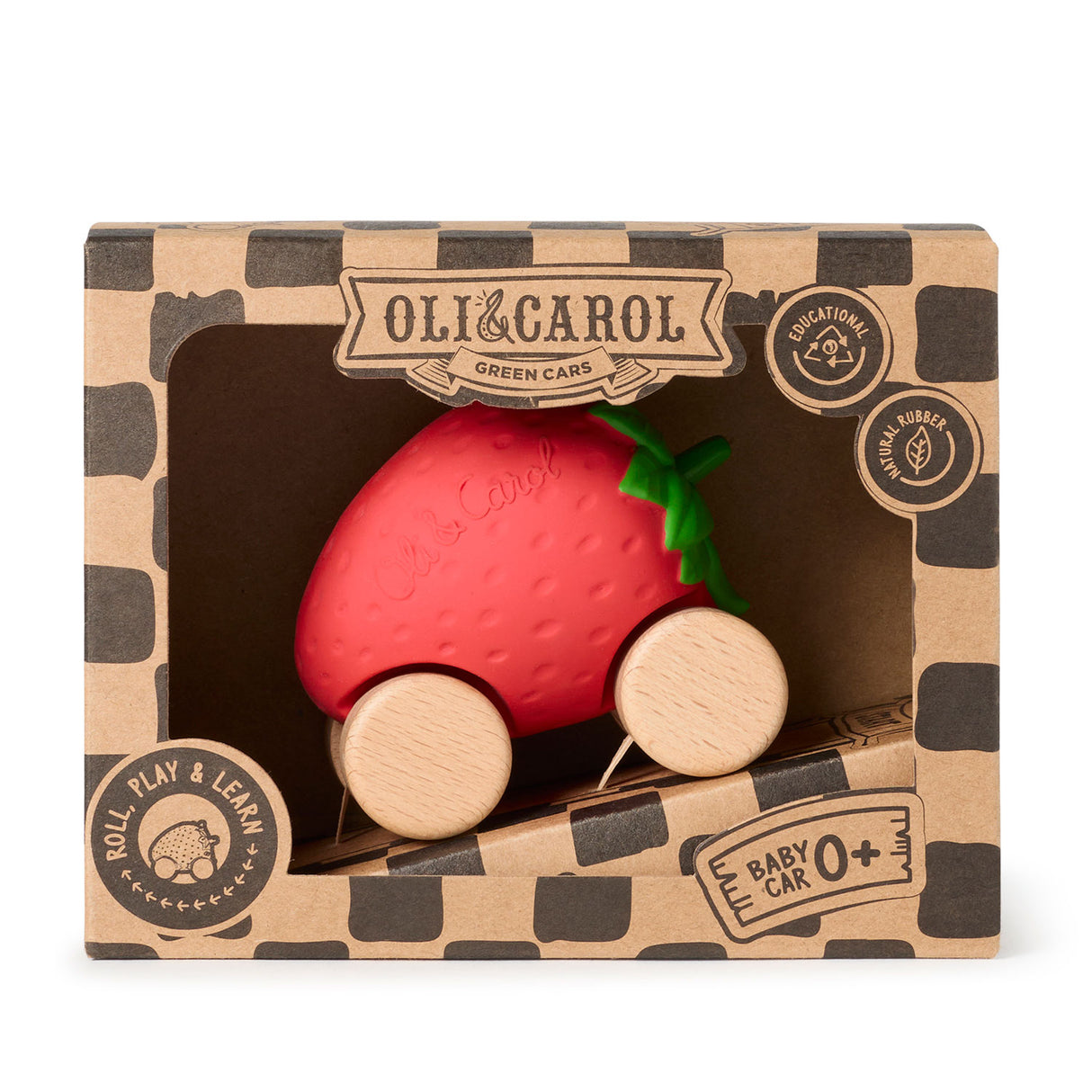 Eco-friendly baby car toy shaped like a bright red strawberry made from natural rubber and wood in branded packaging.