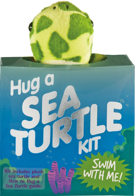 Plush mini sea turtle peeking out of a blue box labeled Hug a Sea Turtle Kit with an educational guide inside.
