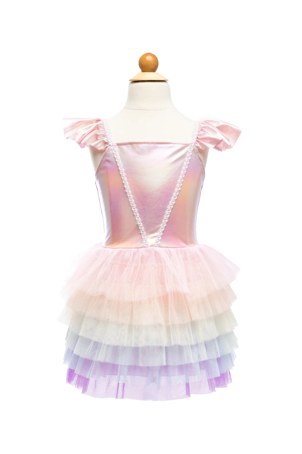 Rainbow Ruffle Tutu Dress | Size 5-6 with iridescent top and layered pastel rainbow tulle skirt on a dress form.