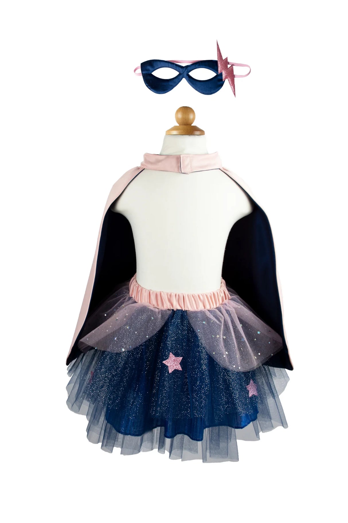 Super Duper Tutu, Cape & Mask set with navy glitter skirt, pink star accents, pink-lined cape, and matching mask.