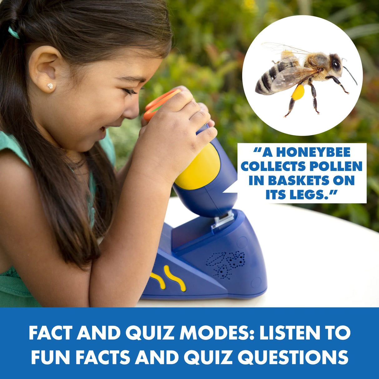 Young girl exploring a bee through the GeoSafari Jr Talking Microscope with fun facts and quiz modes.