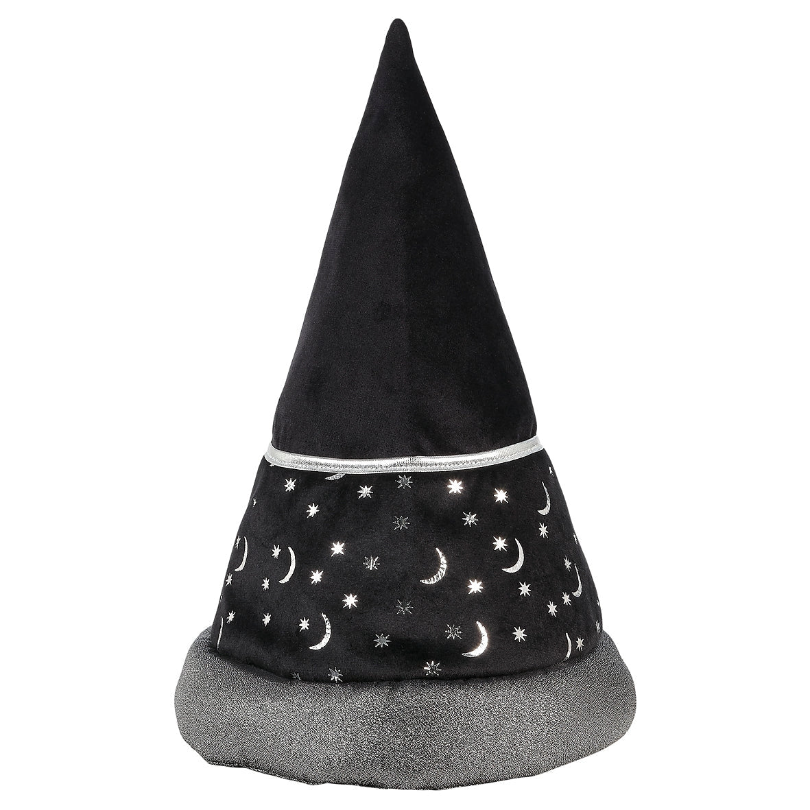 Black wizard hat for kids with silver stars and moons, perfect for magical play and costume events.