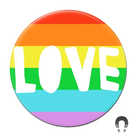 LOVE Magnet with colorful rainbow stripes and bold white letters, hand-pressed from recycled materials, 2.25 inches.