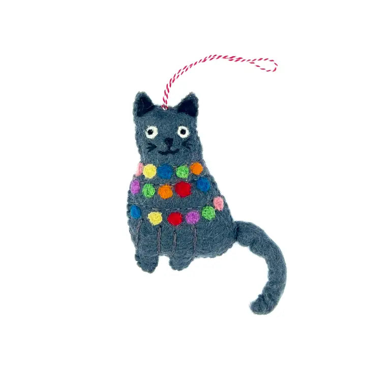 Tangled Up Cat Felt Ornament featuring a gray cat wrapped in colorful lights, handmade from sheep wool.