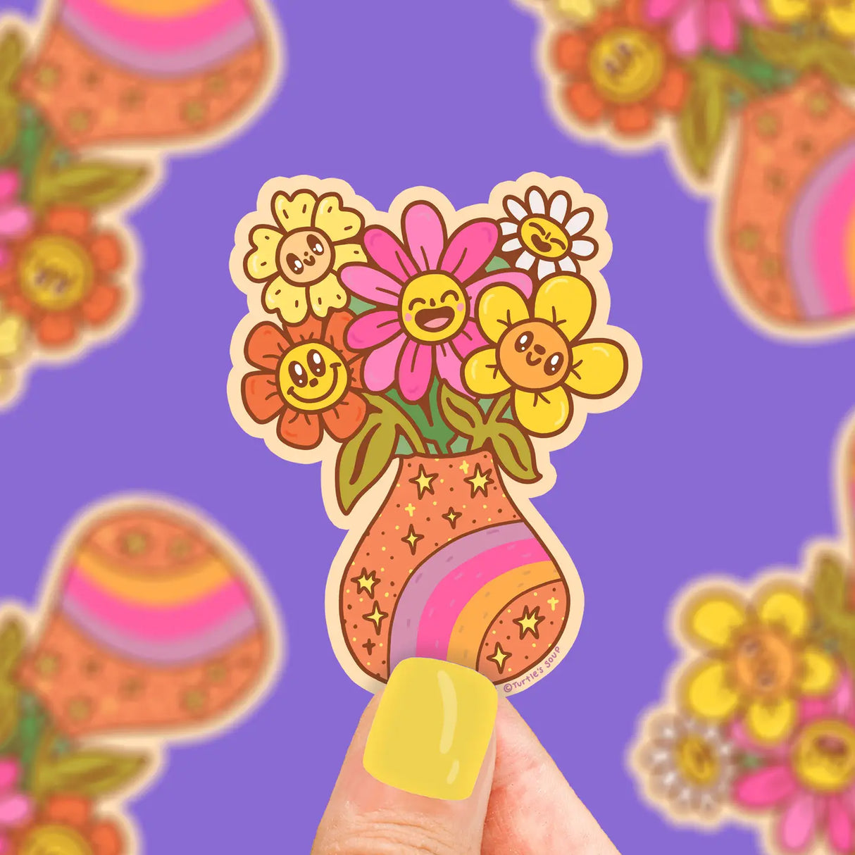 Happy Flower Vase Sticker showing a colorful happy flower bouquet in a rainbow vase on a purple background.