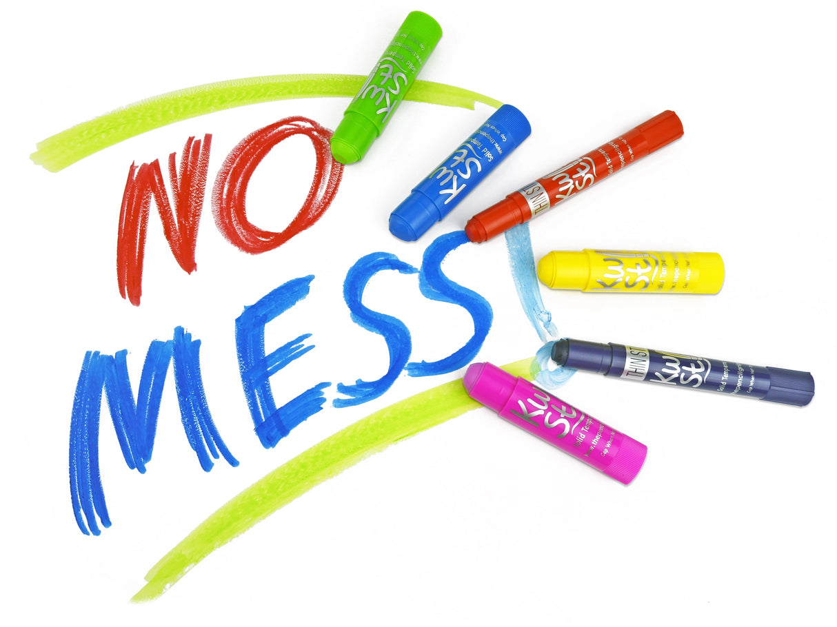 Kwikstix Tempura Paint | Classic Colors showing vibrant paint sticks writing "NO MESS" with colorful strokes on white background.