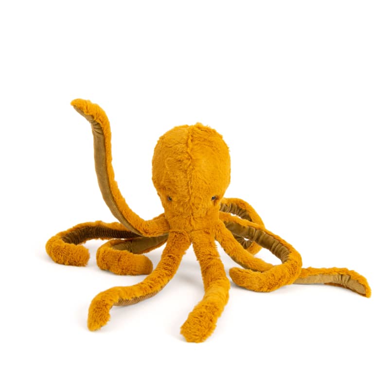 Soft velvet octopus plush with eight flexible tentacles in warm orange, perfect for imaginative ocean play.