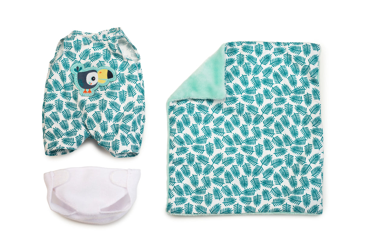 Baby & Carrier | Ari with tropical leaf print, including a soft blanket, carrier, and white cloth for infants.