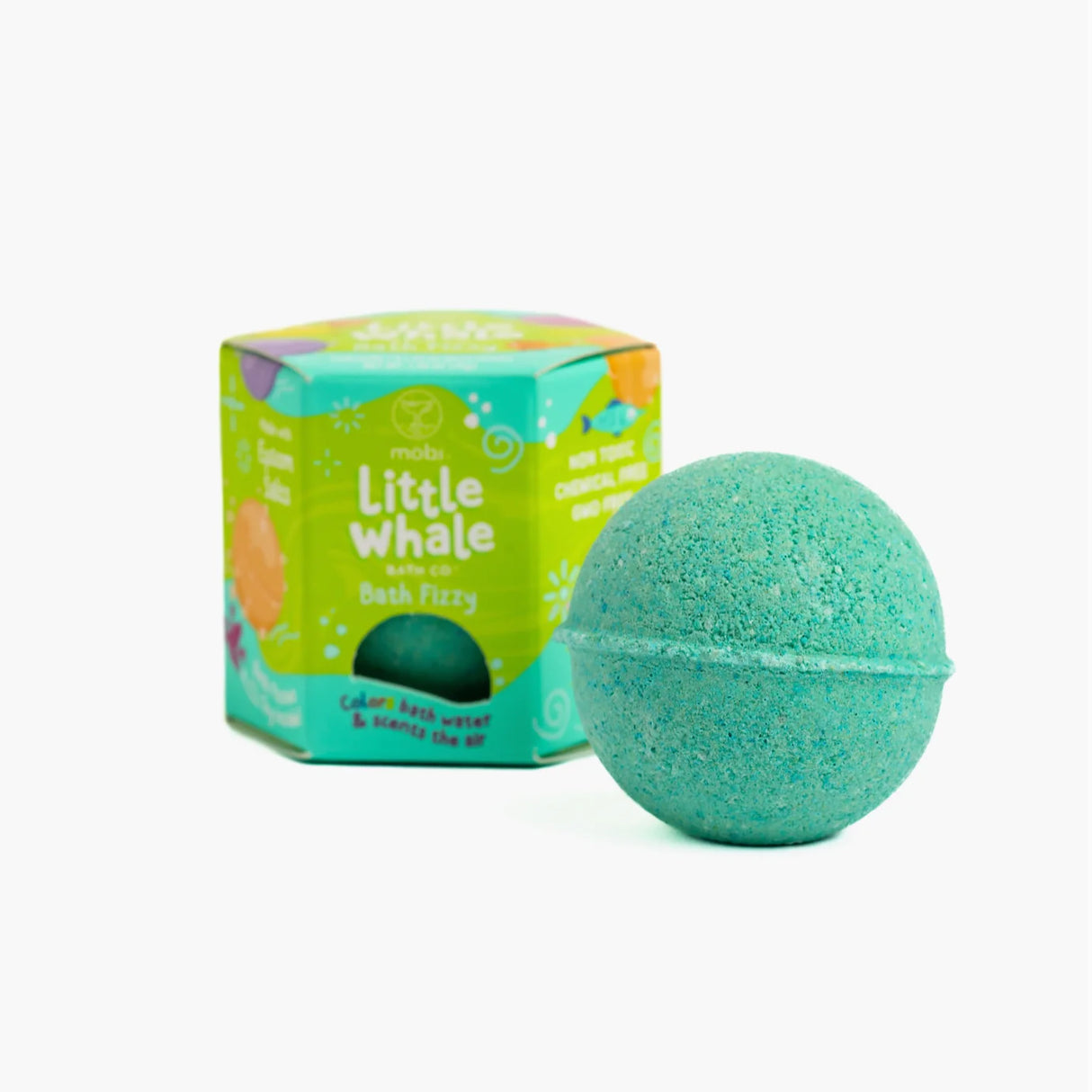 Little Whale Bath Co Bath Fizzy in blue with colorful packaging, fizzy for kids’ bath time fun and scents the air.