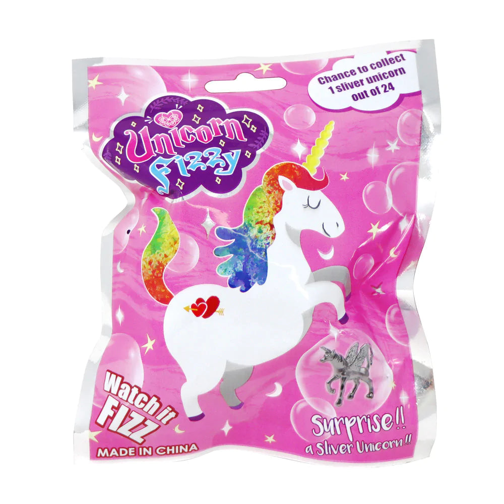 Packaging of Unicorn Fizzy with colorful unicorn illustration and text highlighting fizzing surprise toy inside