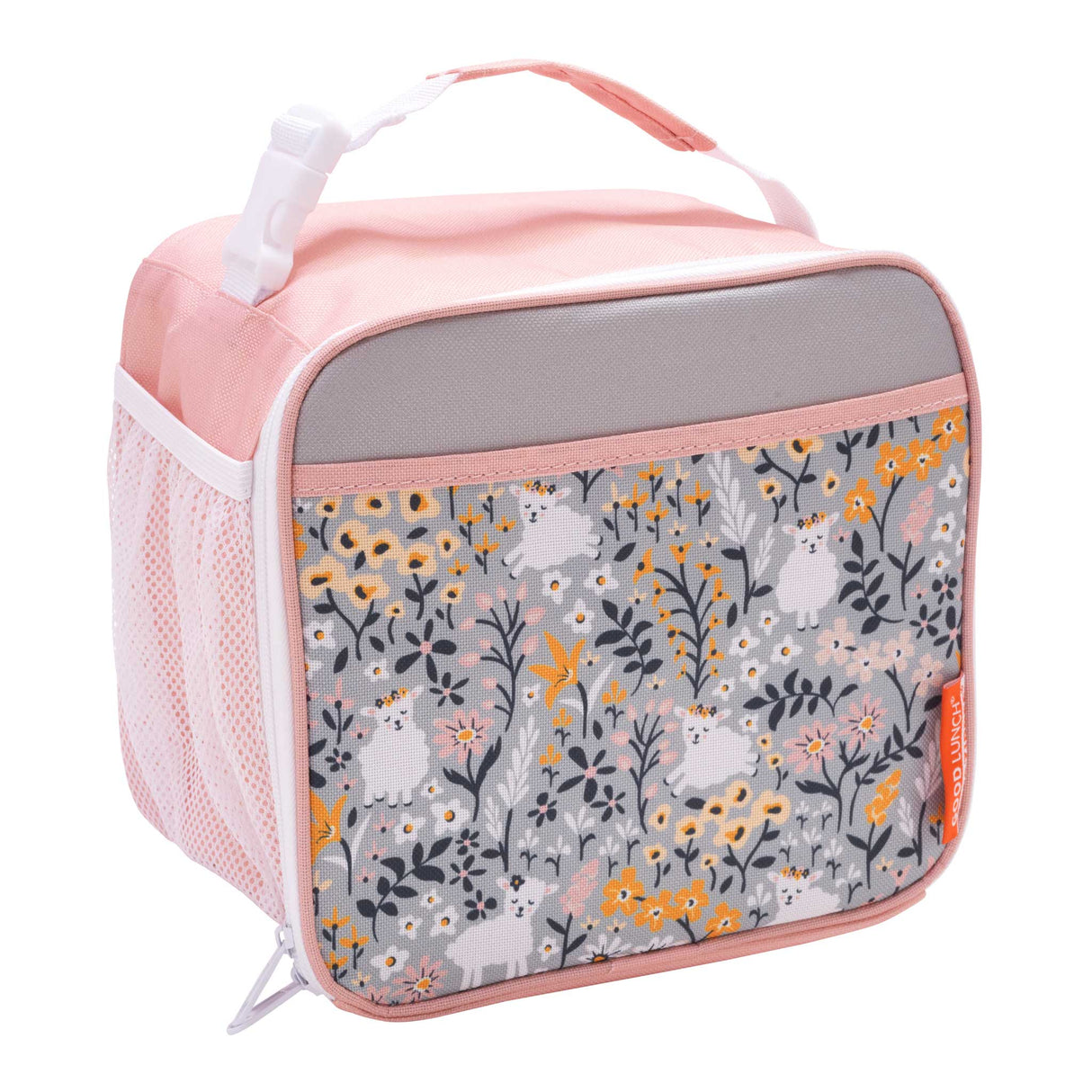 Super Zippee Lunch Tote | Lily the Lamb with floral and lamb design, insulated, multiple pockets, and easy-carry handle for kids.