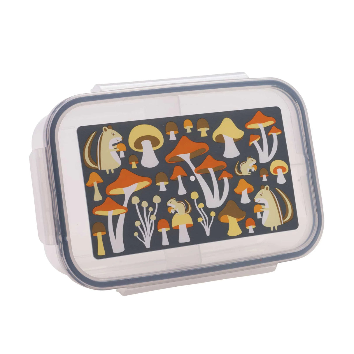 Good Lunch Bento Box | Mostly Mushrooms with chipmunks and mushrooms design, three compartments, kid-friendly locking lid.
