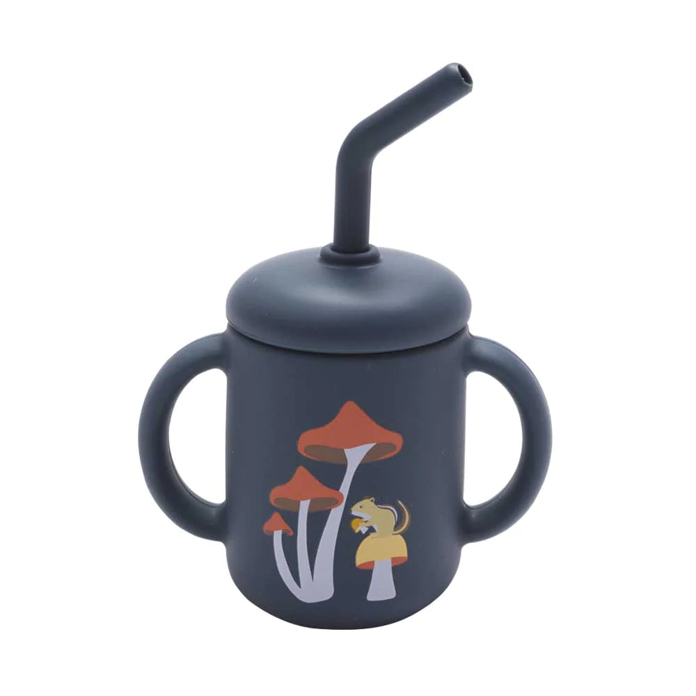 Fresh & Messy Sippy Cup | Mostly Mushrooms with chipmunk and mushrooms design, silicone handles, removable lid, and straw.