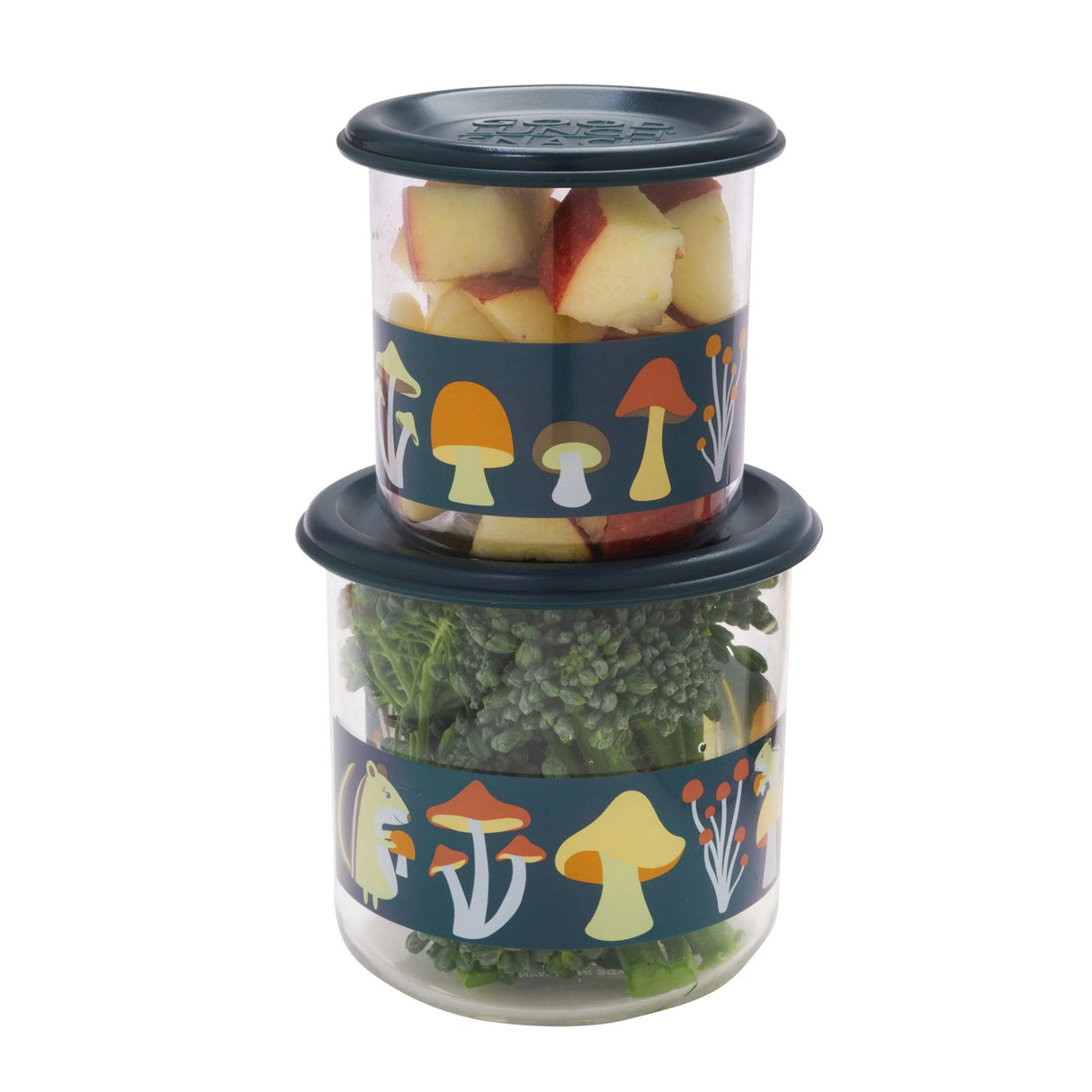 Good Lunch Snack Containers | Mostly Mushrooms with colorful airtight lids holding fresh apple pieces and broccoli florets.