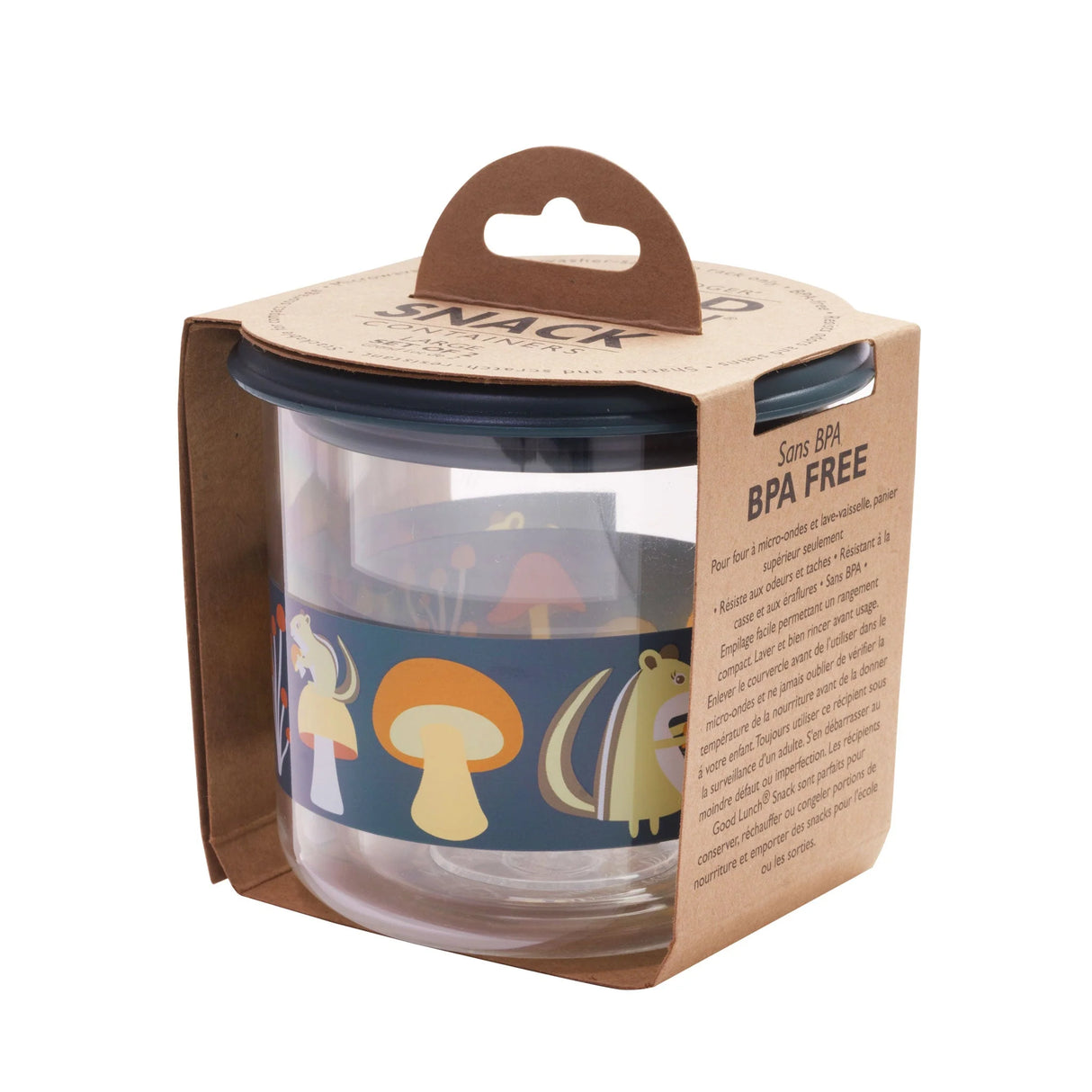 Good Lunch Snack Containers | Mostly Mushrooms with chipmunk and mushroom design, durable, leak-proof, BPA free, clear container.