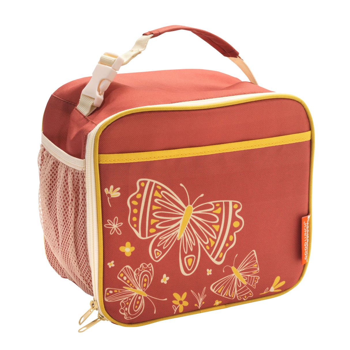Super Zippee Lunch Tote | Boho Butterfly in rust with yellow butterflies, insulated with handle and side mesh pocket