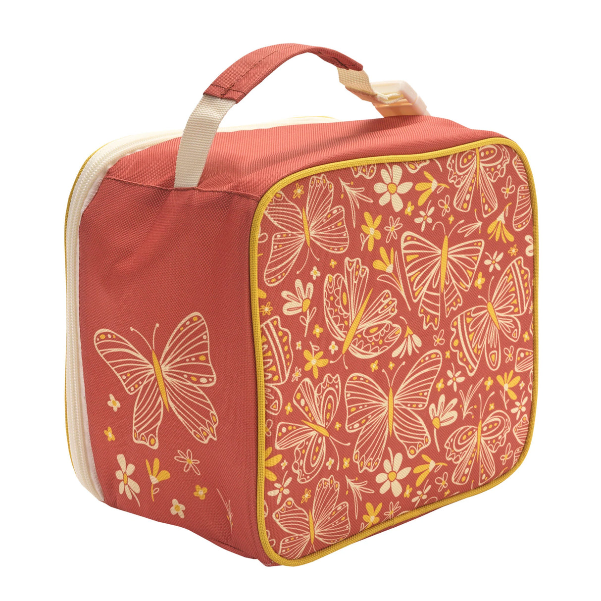 Super Zippee Lunch Tote | Boho Butterfly with turmeric and rust butterfly design and easy carry handle for snacks and lunch.